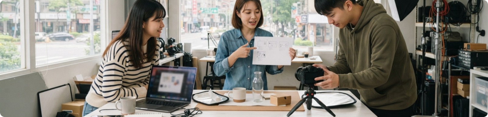 拍攝情境示意：工作人員在桌前討論分鏡與拍攝。不是合作案例。