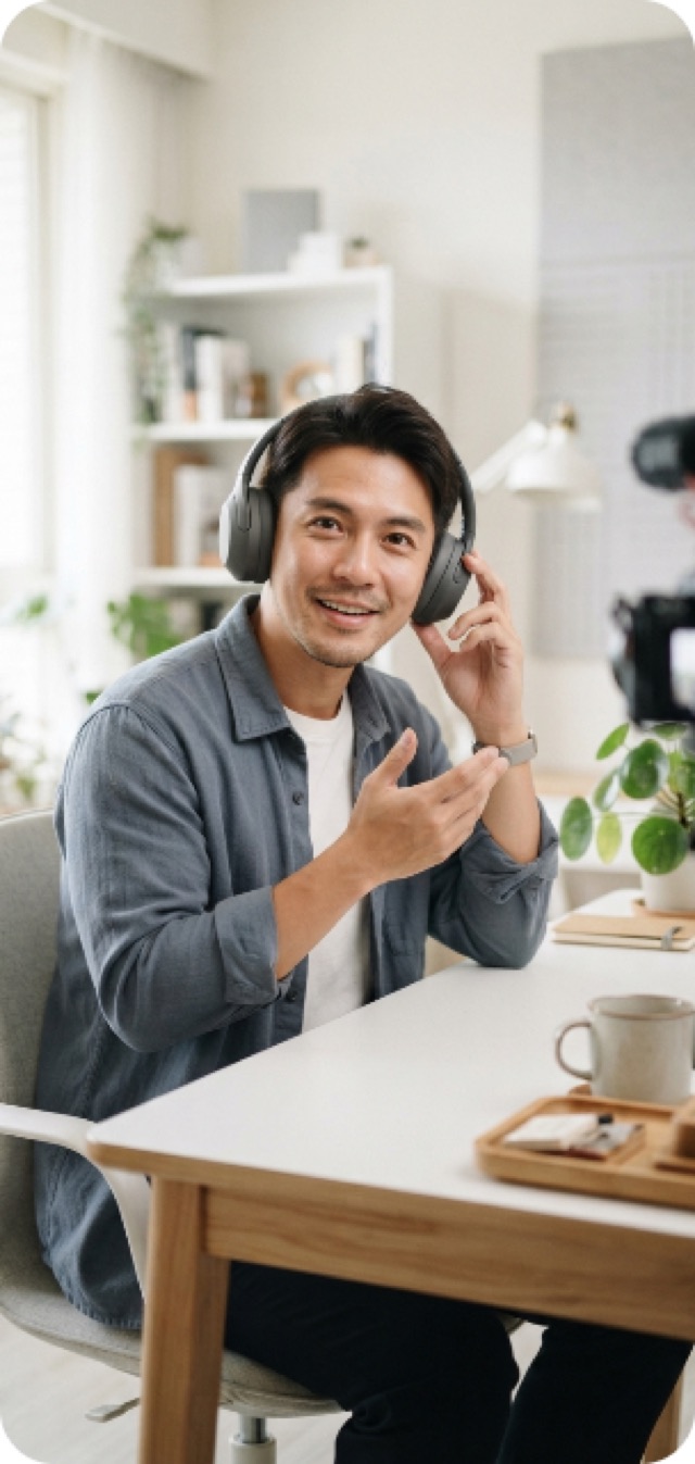 拍攝情境示意：創作者介紹耳機。不是合作案例。